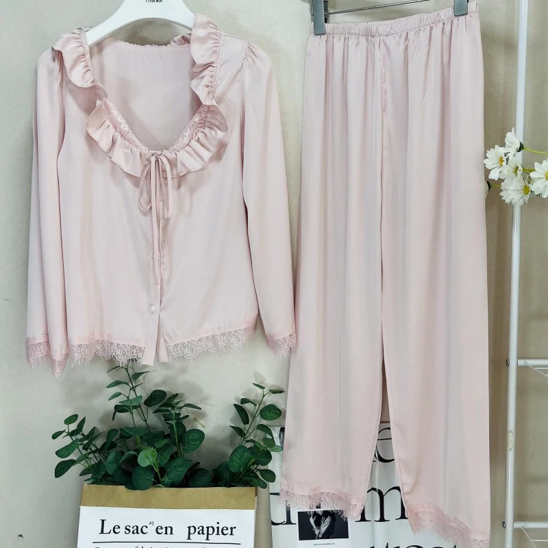 Sweet Pink Lace Ruffle Edge Pajamas Set Spring Summer Female Sleepwear Pijamas Suit Loose Casual Silk Satin Trouser Home Clothes