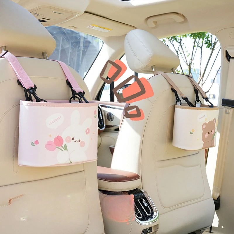 Cartoon Printed Decorative Car Accessories, Leather Printed Car Storage, Bucket Hanging Multifunctional Car Storage Box