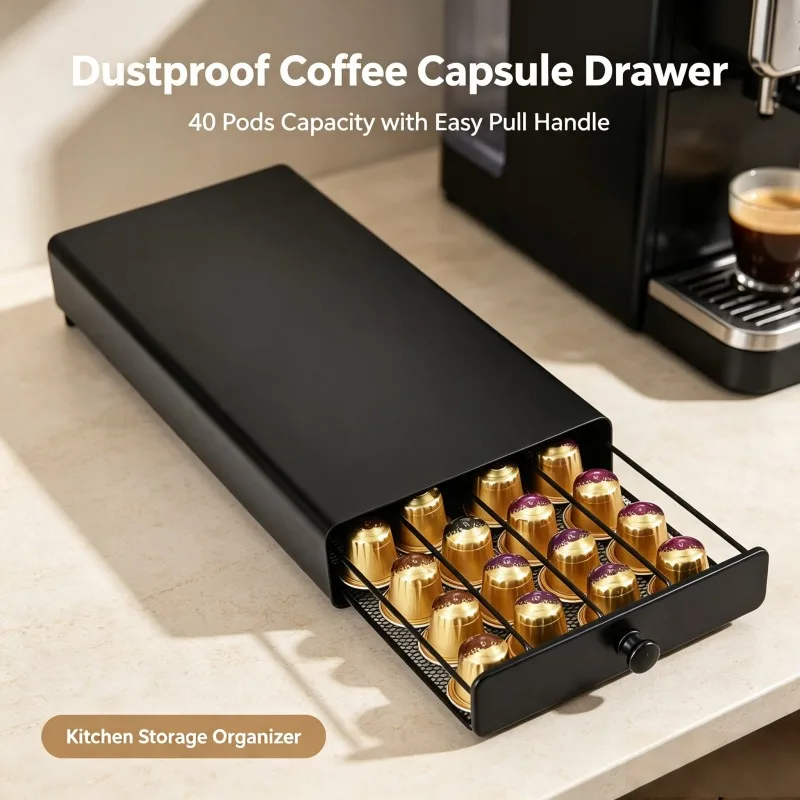 40 Pod Coffee Capsule Drawer Storage Rack, Countertop Organizer Holder for Nespresso/K-Cup, Space Saving Kitchen Shelf