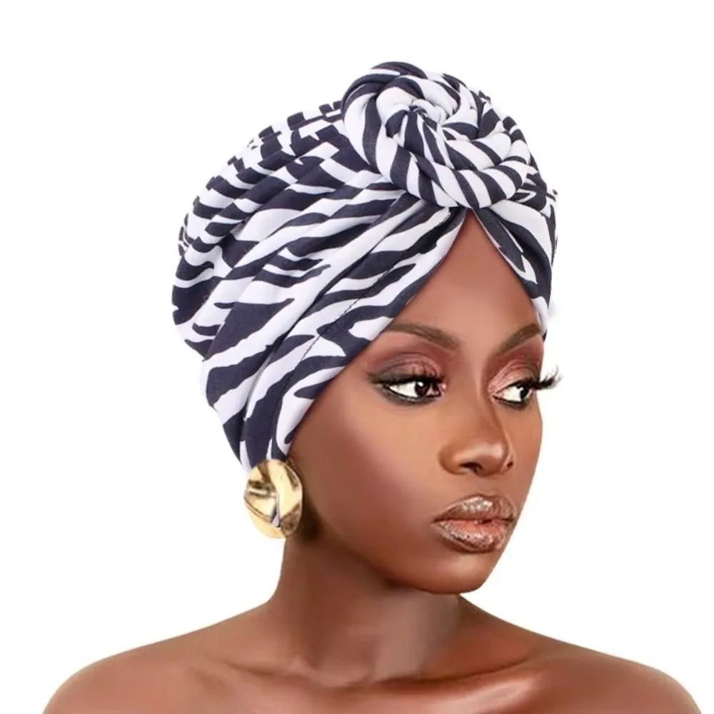 New African Print Hijab Caps Knotted Style Pleated Twist Knot Turban Hat Breathable Wrap Chemo Head Cover Women Headwear