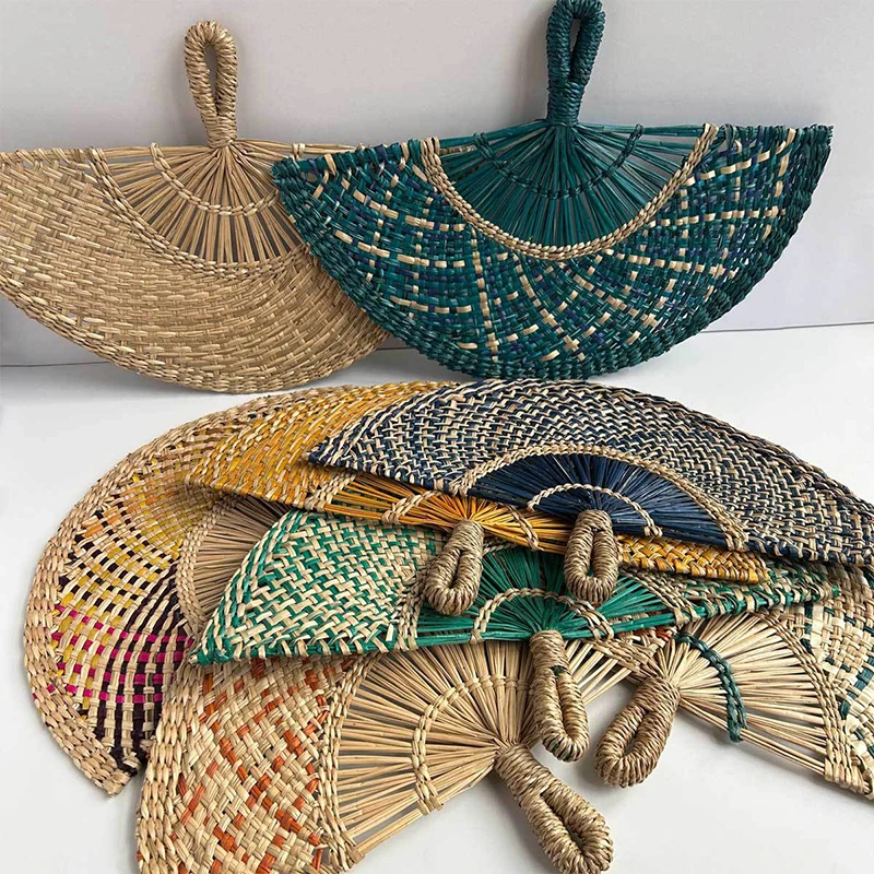 Handmade Woven Straw Fan Semicircular Summer Cooling Portable Lightweight Hand Fan Decorative Boho Wall Hanging Home Decor Gift