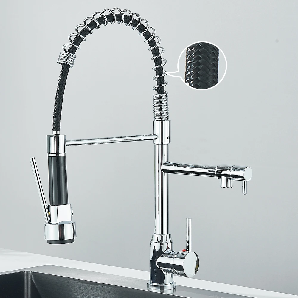 Pull Down Spring Keuken Kraan Enkele Hendel Warm Koud Mixer Water Voor Gootsteen Dubbele Uitloop Mondstuk Kranen Kraan
