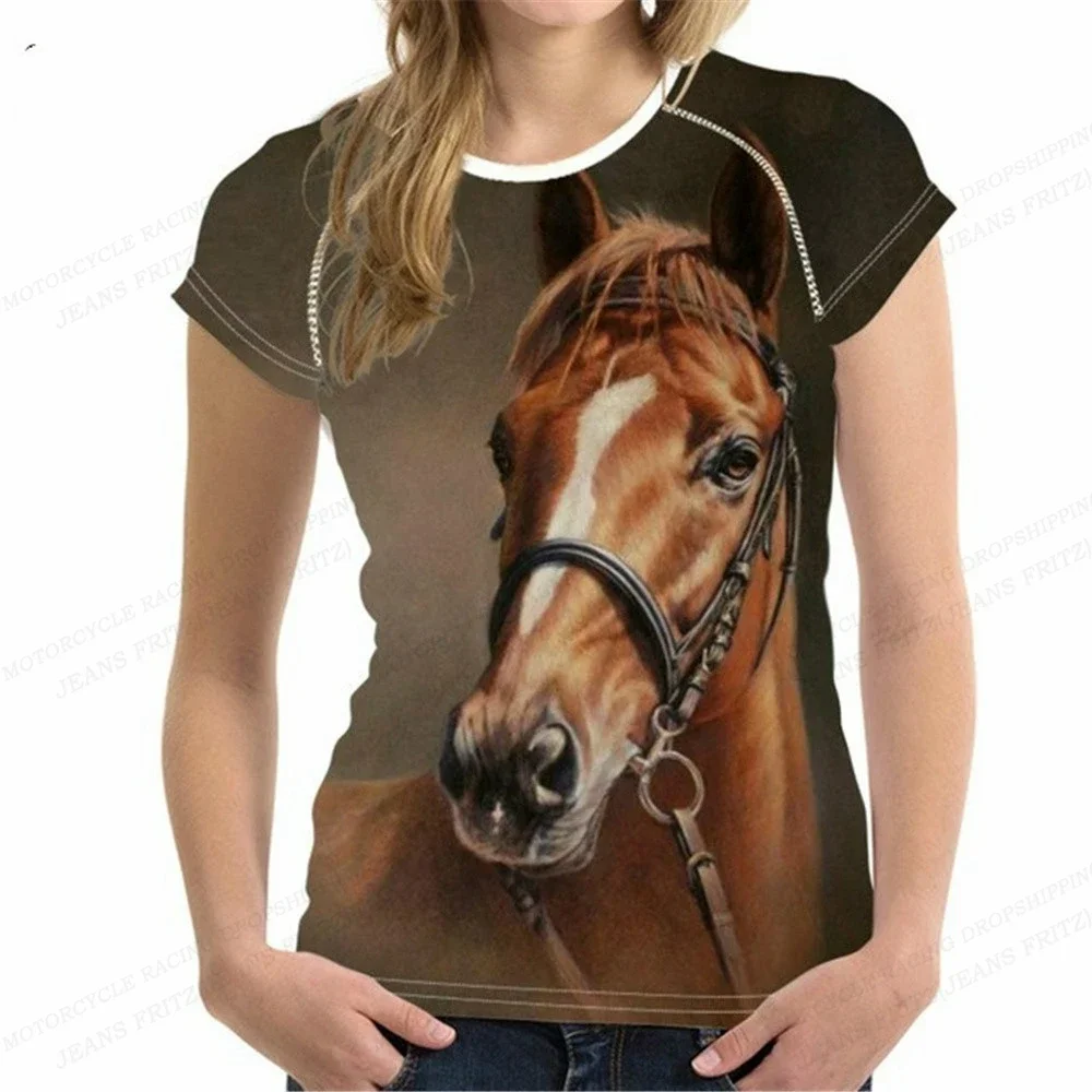 Camiseta con estampado 3d de caballo para mujer, Top de manga corta con cuello redondo de gran tamaño, ropa de animales para niña