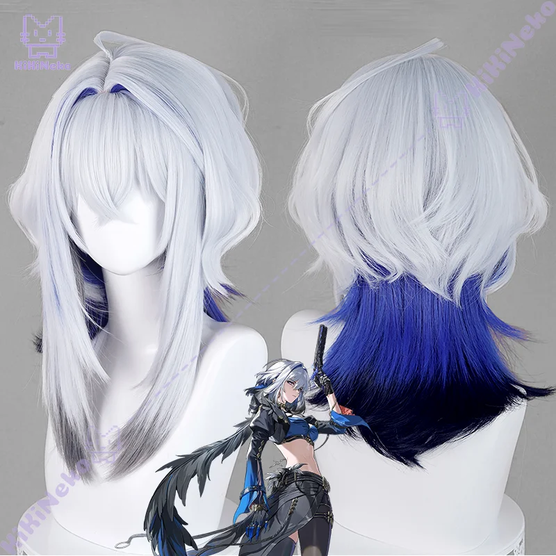Peruka do cosplayu Galbrena z gry Wuthering Waves, jasnosrebrno-biała z ciemnoniebieskimi końcówkami, włosy do cosplayu na Comicon, imprezę, dla dorosłych kobiet i mężczyzn.