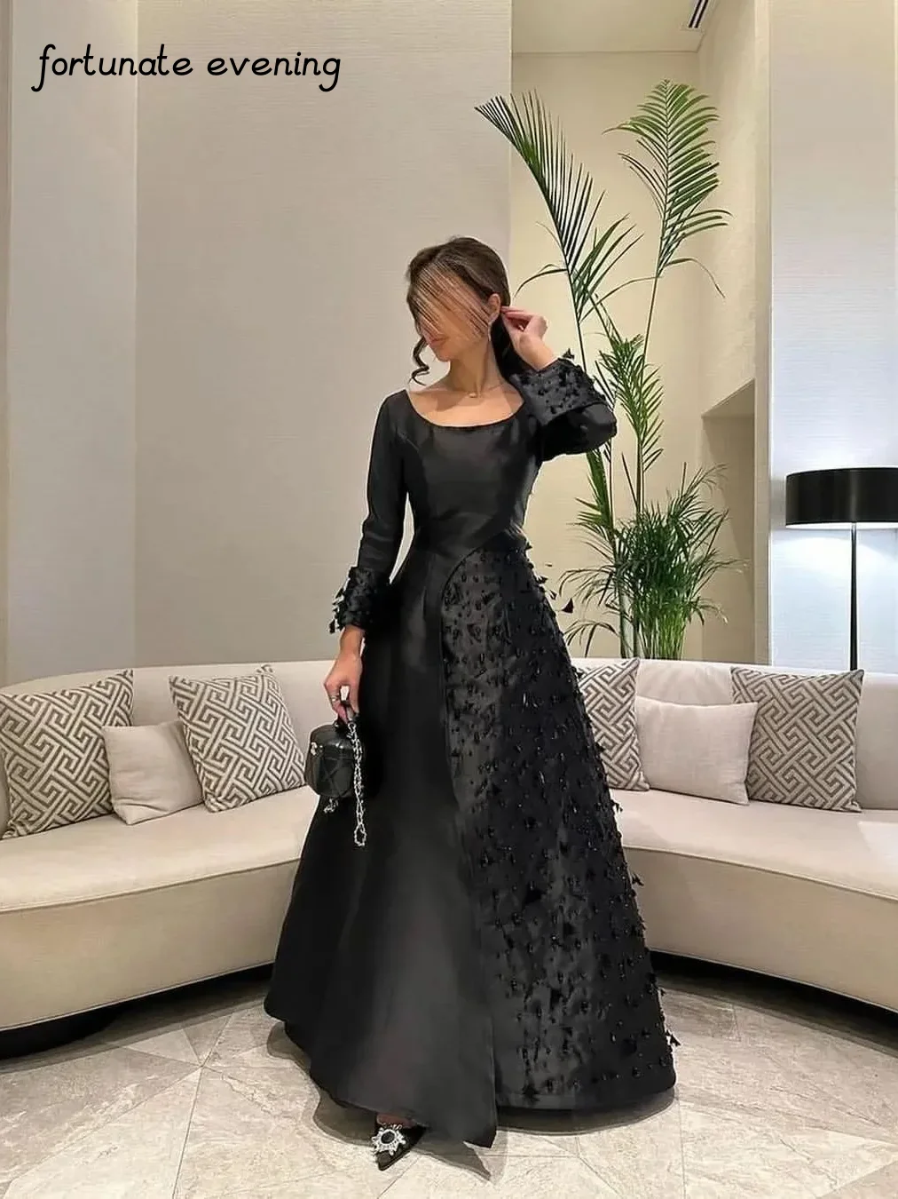 Fortunate Evening Elegant Vintage Classic Black Asymmetrical Beading Flowers Formal Occasion Prom Dresses Party Evening Gowns