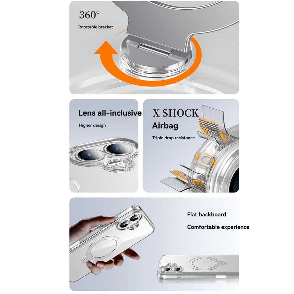 A prueba de golpes 360 °   Funda de teléfono magnética transparente con soporte giratorio, botón táctil para iphone 16 Plus Pro Max 15, protección de lente Promax