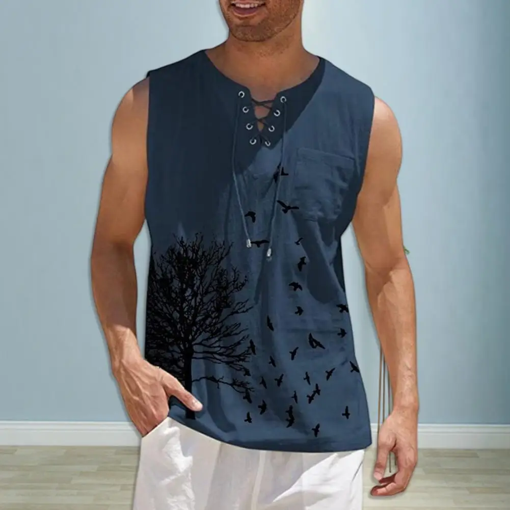 Men\'s Linen Tank Tops Summer Sleeveless T-Shirt Tree Bird Print Loose Cotton Linen Shirt Casual Cotton Eurocode Linen Vest
