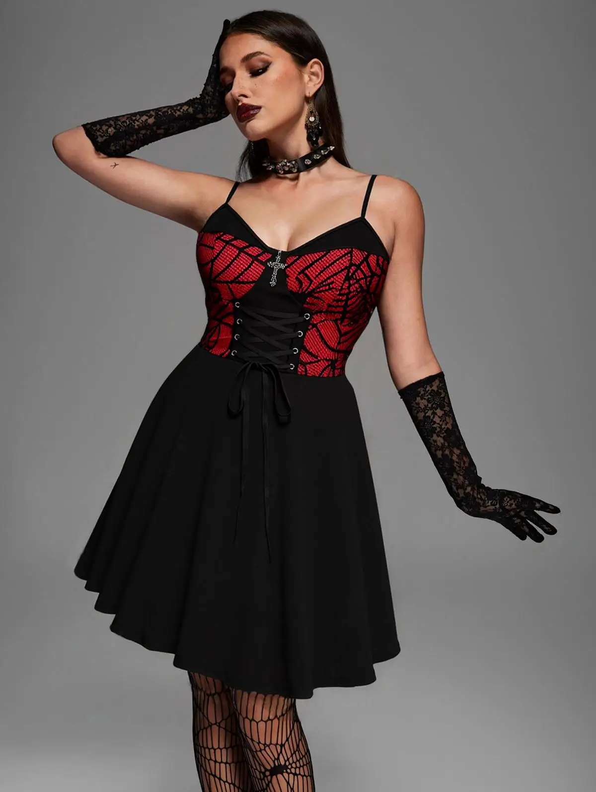 

Gothic Spider Web Lace-Up Cross A-Line Cami Dress Vestidos Spooky Web Print Casual Adjustable Shoulder Strap Dresses for Women