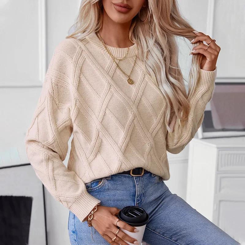 

Women Sweaters Argyle Long Sleeve Round Neck Knitted Pullovers Solid Straight Thick Jumpers Elegant Slight Strech Regular