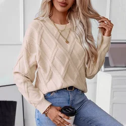 Women Sweaters Argyle Long Sleeve Round Neck Knitted Pullovers Solid Straight Thick Jumpers Elegant Slight Strech Regular