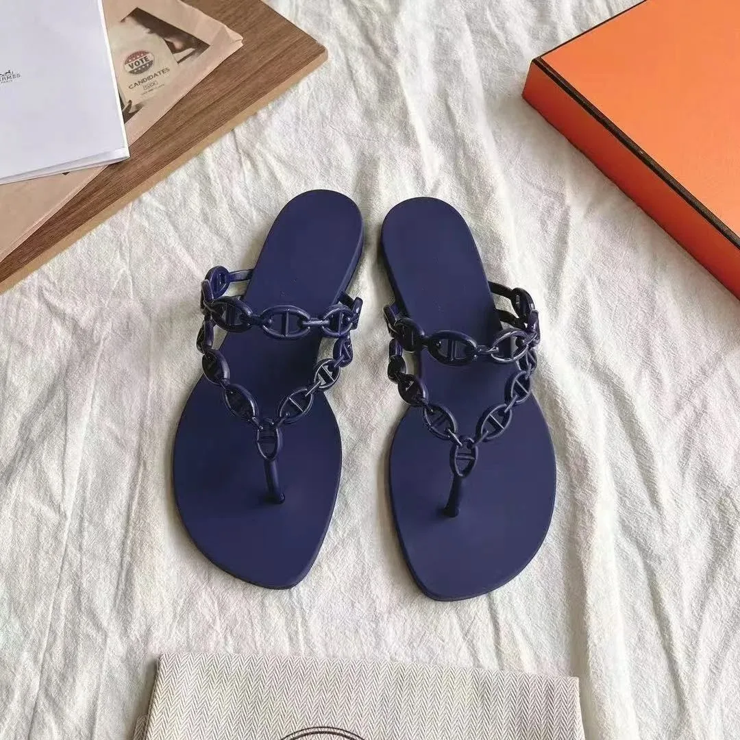 Spring Summer Women's Net Celebrity Flip-Flops Chain Non-Slip Flat Beach Slippers for Casual Wear