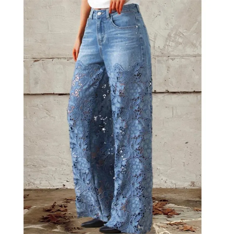 

Lace Sexy Patchwork Denim High Waisted Wide Leg Pants Women In Spring Autumn New Fashionable Loose Pants Pantalones De Mujer