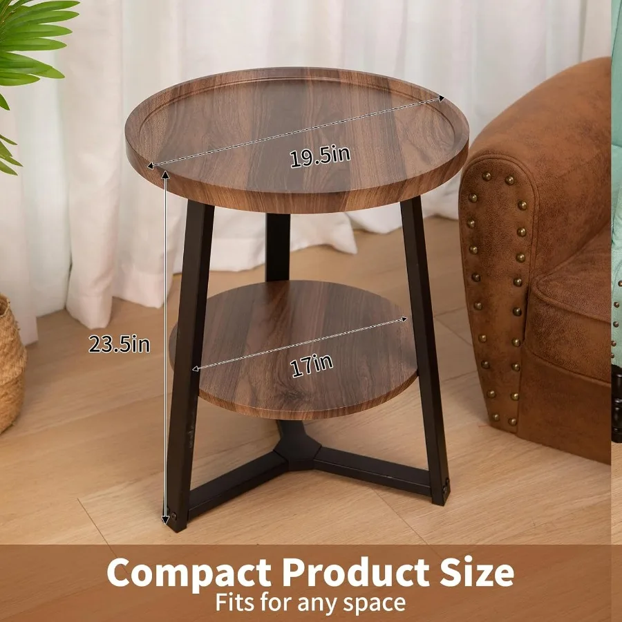 Mesa lateral redonda de 2 camadas para sala de estar pequena mesa de cabeceira de madeira com prateleira de armazenamento 19,5 polegadas círculo ac