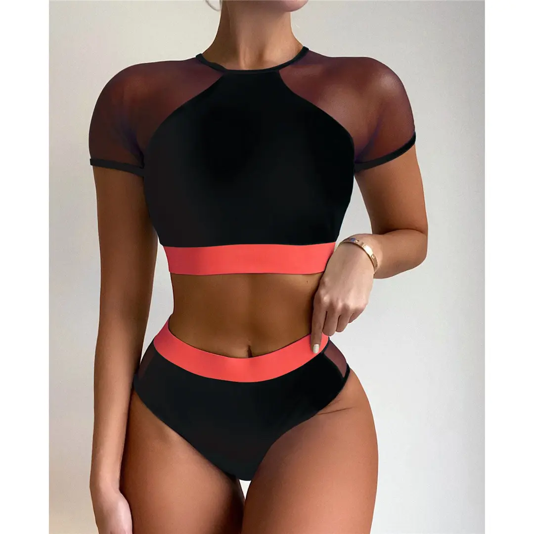 Kurzarm-Badeanzug mit Mesh-Einsätzen, Damen-Bikini mit hoher Taille, zweiteiliger Bikini-Set, Badebekleidung, Badeanzug, Modell V2871. – Detail 20