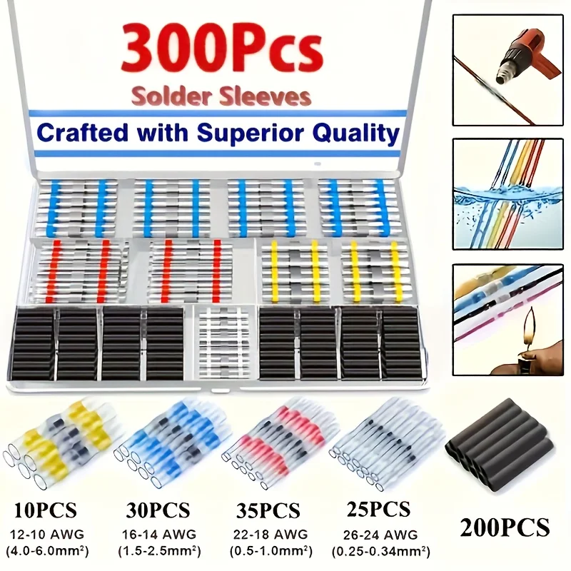 

300pcs Solder Seal Wire Connectors Heat Shrink Insulated Electrical Wire Terminals Butt Splice CableCrimp Waterproof Automobile