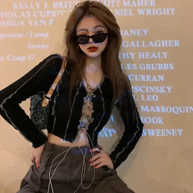 Camisa Bandage Sexy negra para mujer, Tops cortos Y2K a la moda, camisetas y blusas de manga larga con volantes, ropa nueva 2022