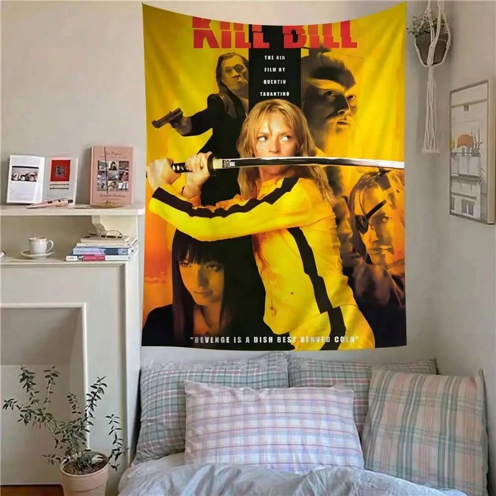 1pc Kill Bill Movie Poster Tapestry, Classic Revenge Film Yellow Warrior Katana Wall Hanging, Multiple Sizes, Bedroom Decor