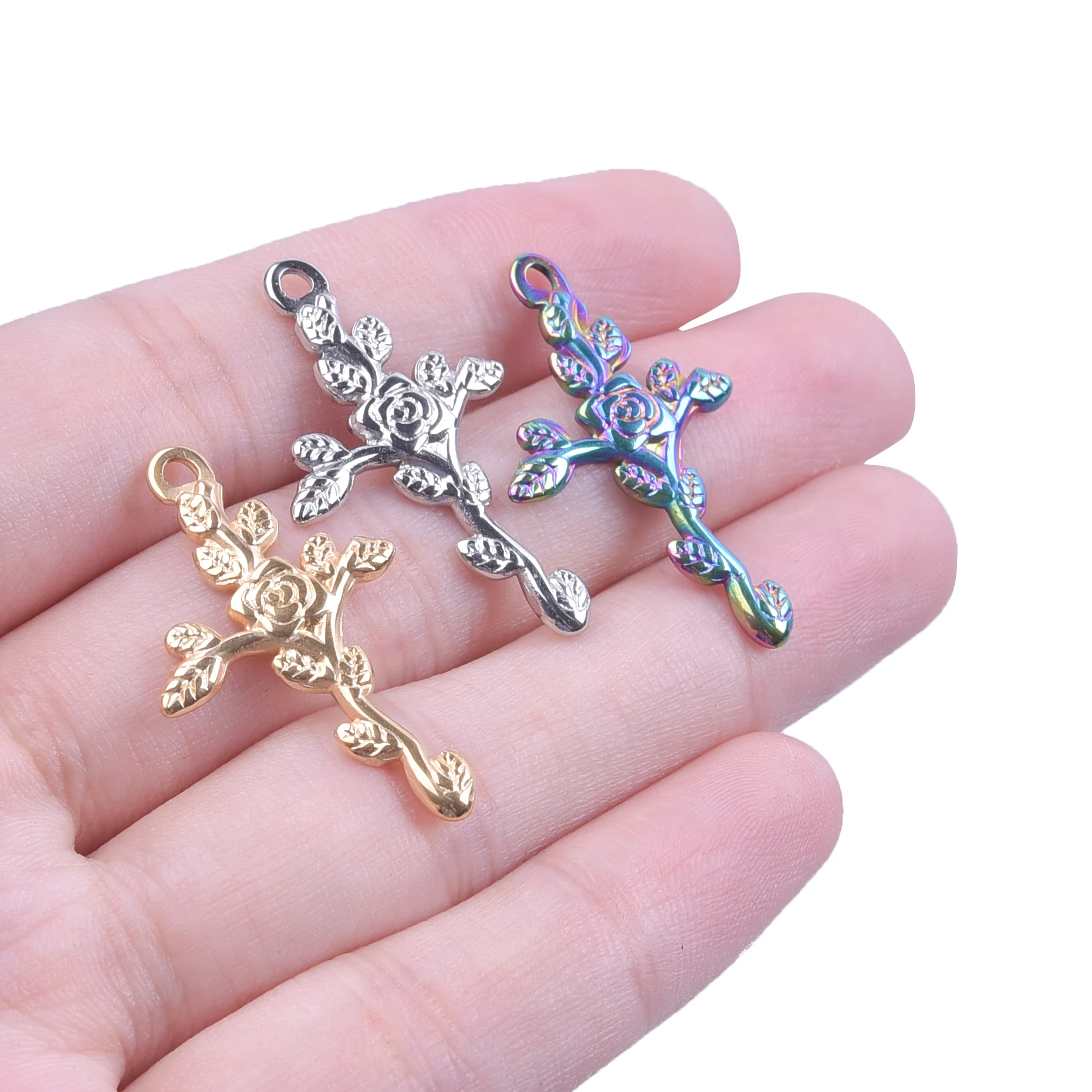 3pcs/Lot Rose Flower Charm Pendants Stainless Steel Charms For Jewelry Making Supplies Cross Breloque Bulk Handmade Accessories