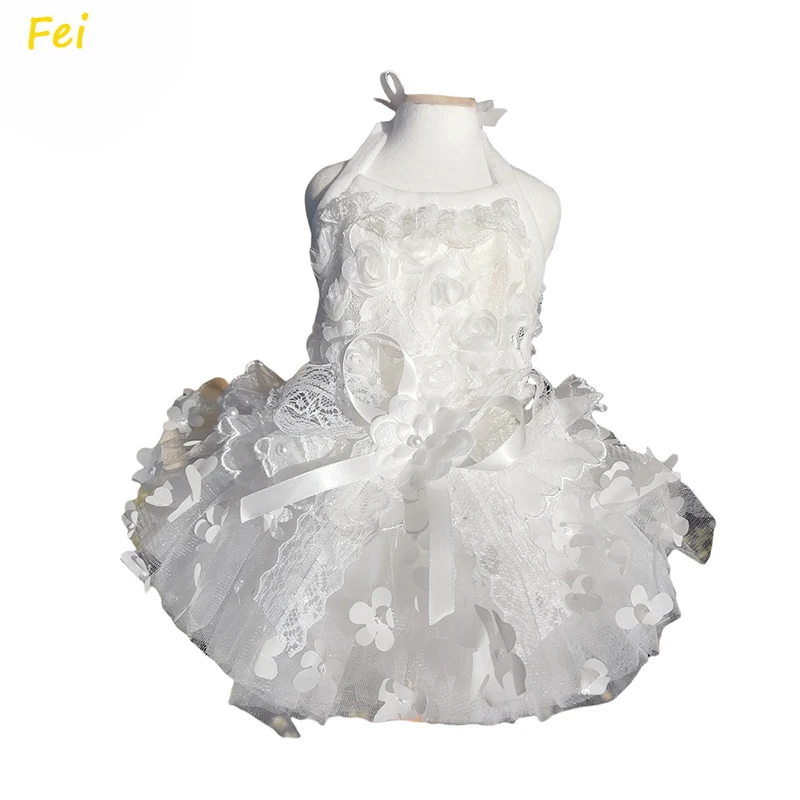 

Bridal Dog Dress Chiffon & Lace - White Wedding Gown for Chihuahua/Poodle Princess with Detachable Bow Flower Photoshoot