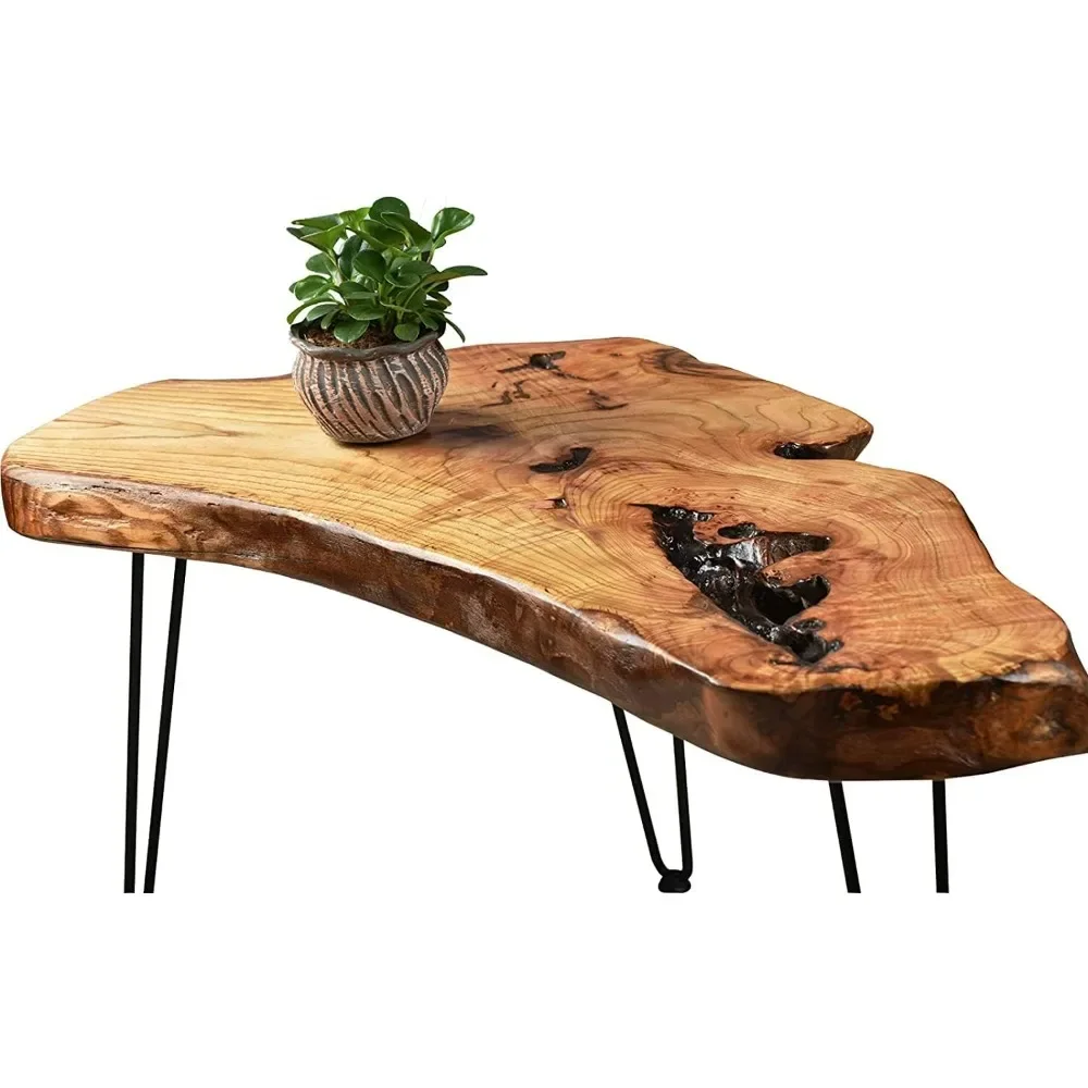 Natural Wood Coffee Table,Natural Wood Edge Contemporary Cocktail Table, Wood Tea Tables for Living Room with Metal Hairpin Legs