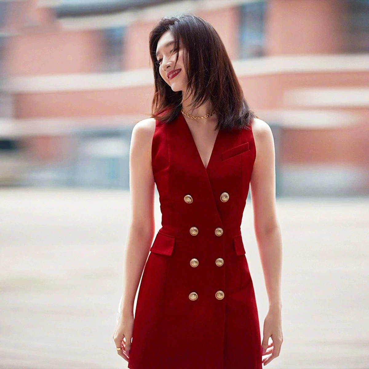 

Faionable Slimming Summer Commute Svel Suit Dr High Waist A-Line Midi V-Ne Double-Breasted Chinese Sle Women's...