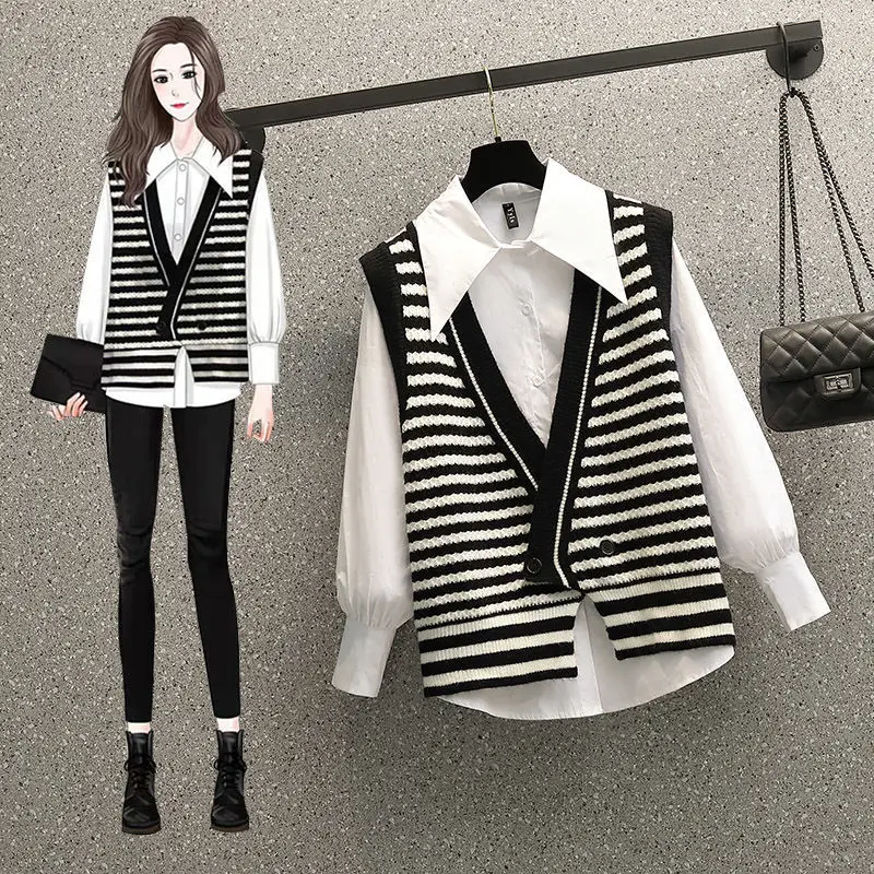 2022 Black White Striped Pants Set Casual Vest Shirt Teousers Three Piece Set Elegant Women\'s Tracksuit Female Clothing