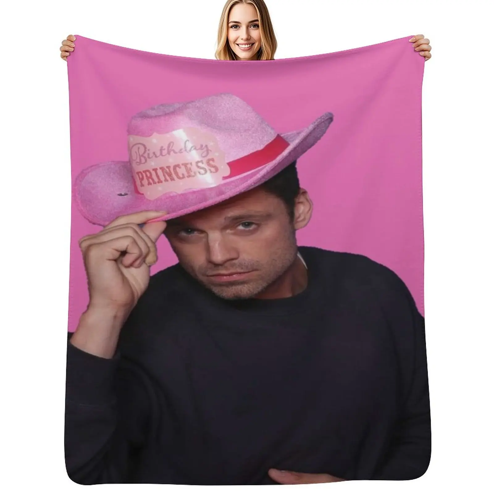 

Yes Haw! Sebastian Stan with pink Birthday Princess Cowboy Hat Throw Blanket Furry Softest Decorative Sofa Blanket