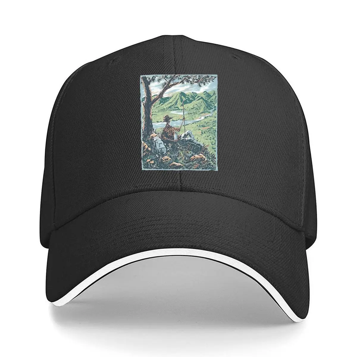 Vintage Skeleton Hiker Mountain Landscape Art Print Sandwich Baseball Cap