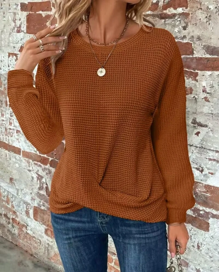 

Women's Tee Tops Fashion Basic Waffle Solid Color Crewneck Long Sleeve Top Twisted Front Daily Casual Loose Fit Blouse Tee