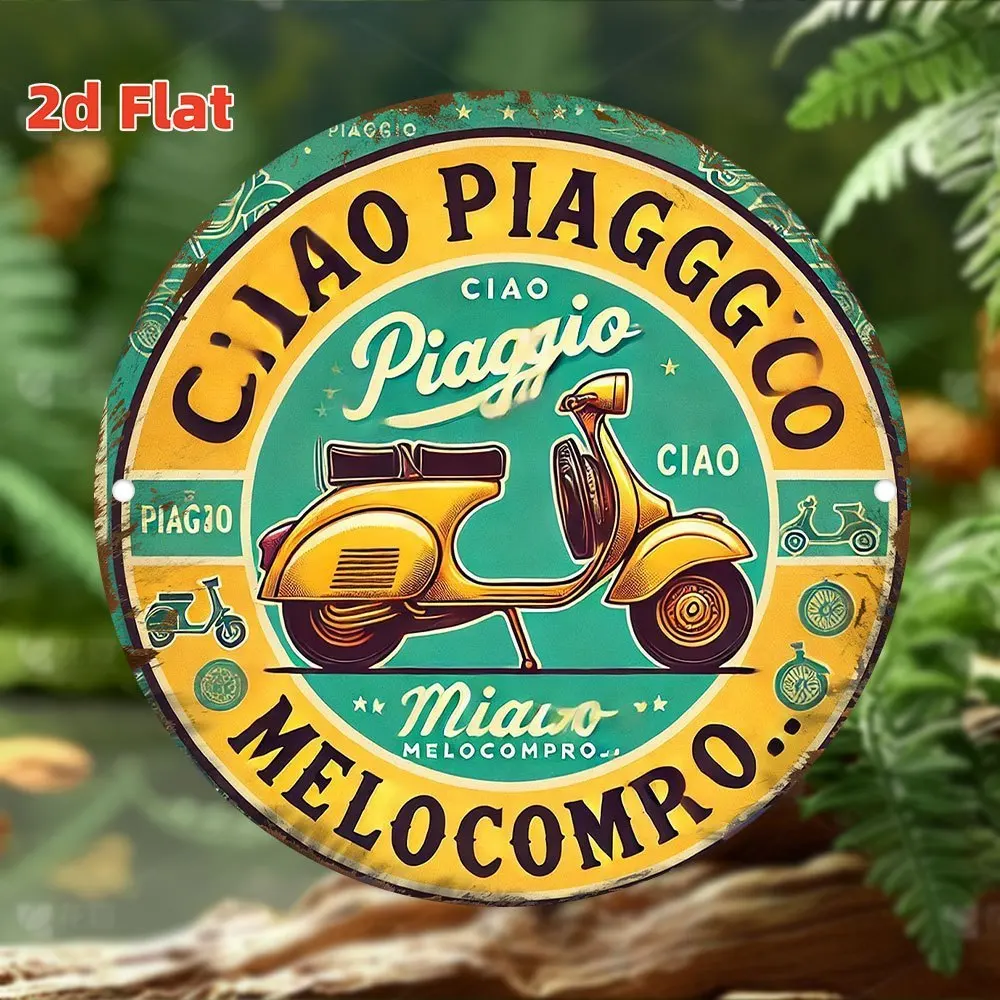 2D Flat - Vintage Ciao Piaggio Metal Wall Sign - 20.32cm Round, Waterproof & Dustproof, Classic Italian Scooter Design with 