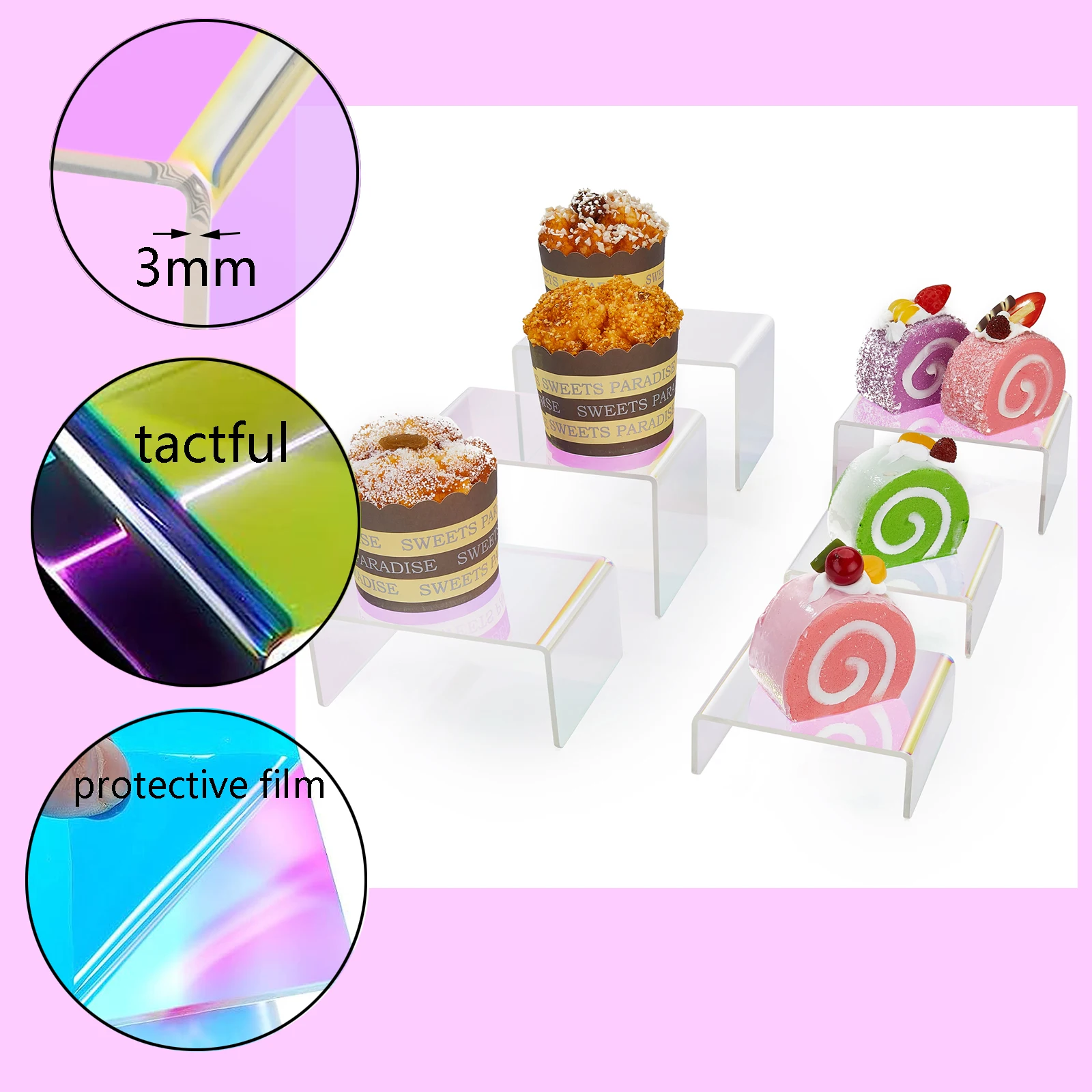 Iridescent Acrylic Risers for Display, 6 Pcs Acrylic  Risers Collectibles  perfume Character Cupcake, Rainbow Acrylic Risers