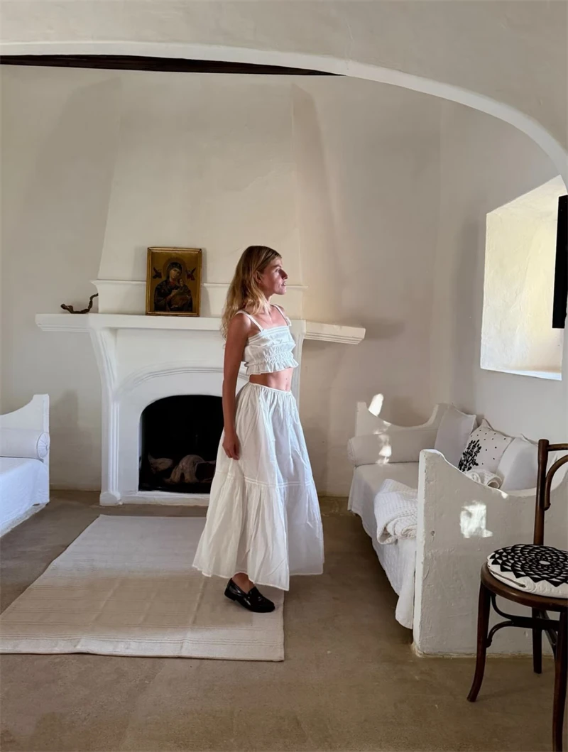 KEYANKETIAN 2026 New Arrival Women 2 Piece Set White Lace Cami Top & High Waist A-Line Skirt  Casual Cotton Summer Outfits