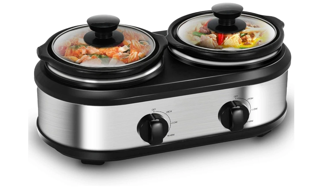 Double Slow Cooker, Buffet Servers and Warmers, Dual 2 Pot Slow Cooker Food Warmer, Adjustable Temp Dishwasher