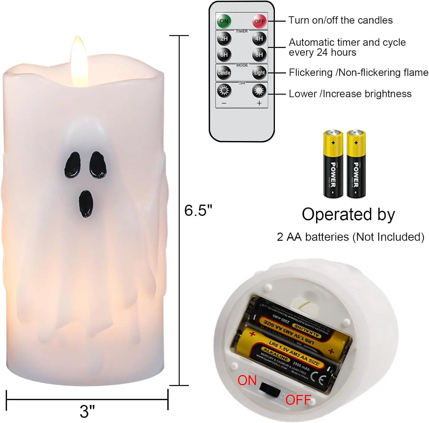 Halloween Ghost Flameless Pillar Candles with Remote Timer, Battery Operated LED Candles for Halloween Decorations Indoor