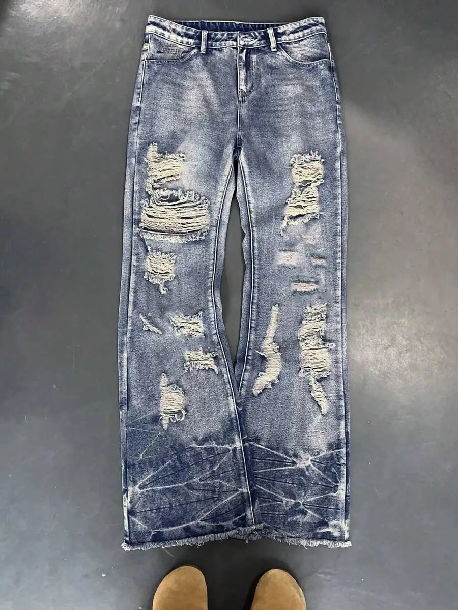 

Mens Distressed Vintage Washed Dark Blue Wide Leg Flare Jeans