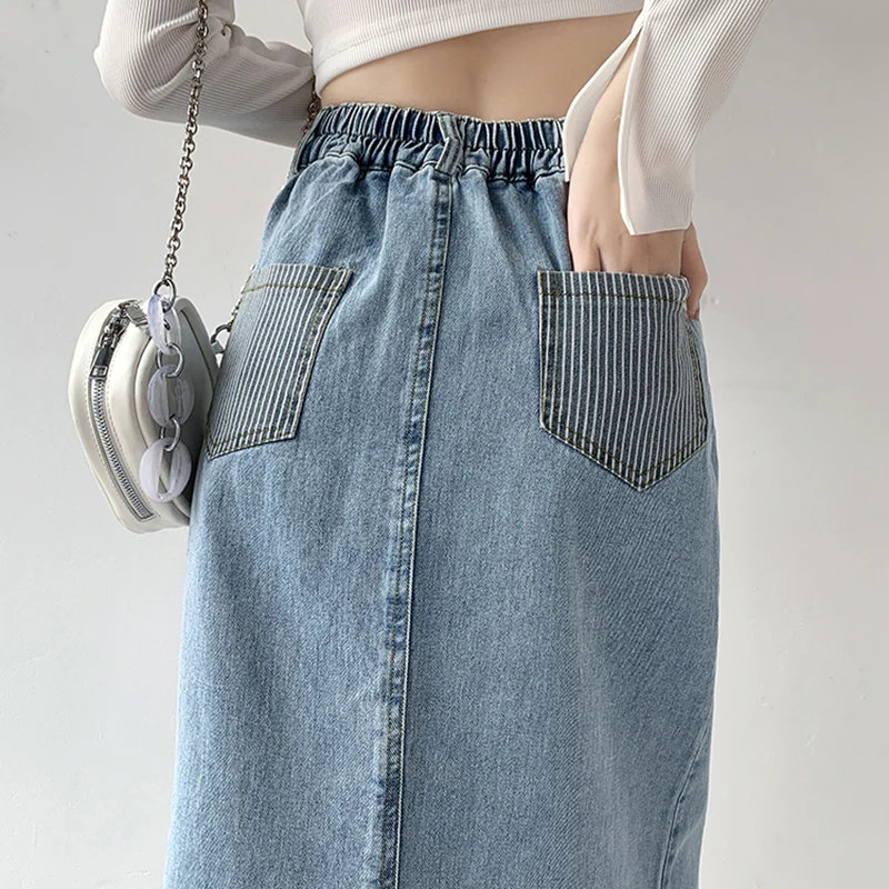 Spring Summer 2024 Denim Skirts For Women High Elastic Waist Striped A Line Long Skirt Back Slit Streetwear Jean Skirts Hot Sale