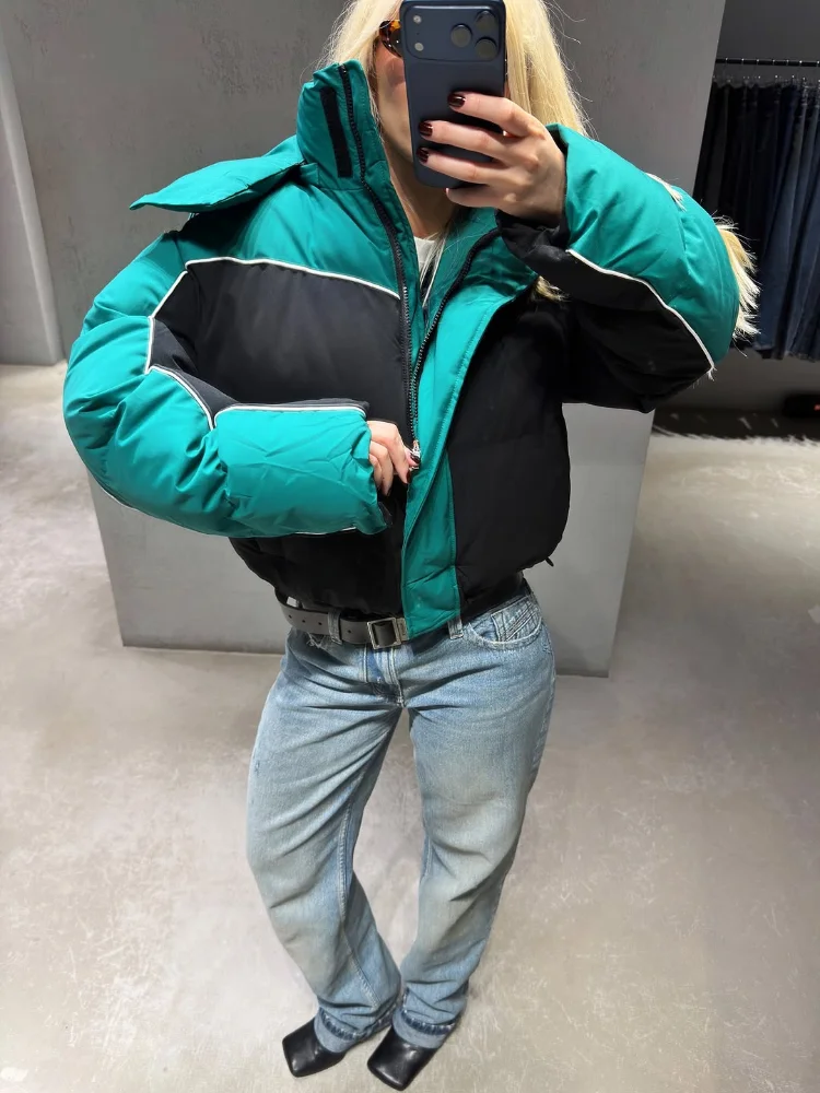 Ladies Black White Patchwork Puffer Jacket Zip Up Oversized Loose Fit Thick Coat Autumn Winter Streetwear Daily Trendy Outerwear
