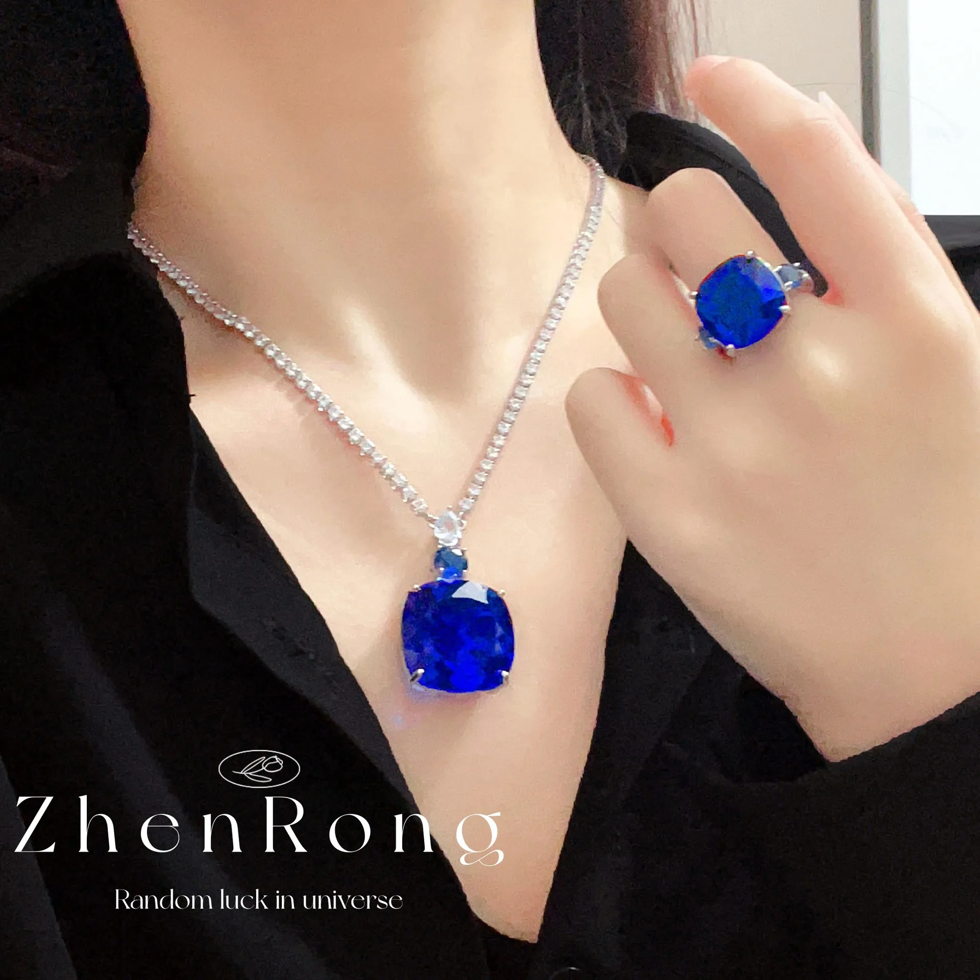 Fashion Square Royal Blue Sapphire Zircon Sets Luxury Elegant Cocktail Party Three-piece Jewelry Set Rings Earrings Necklaces