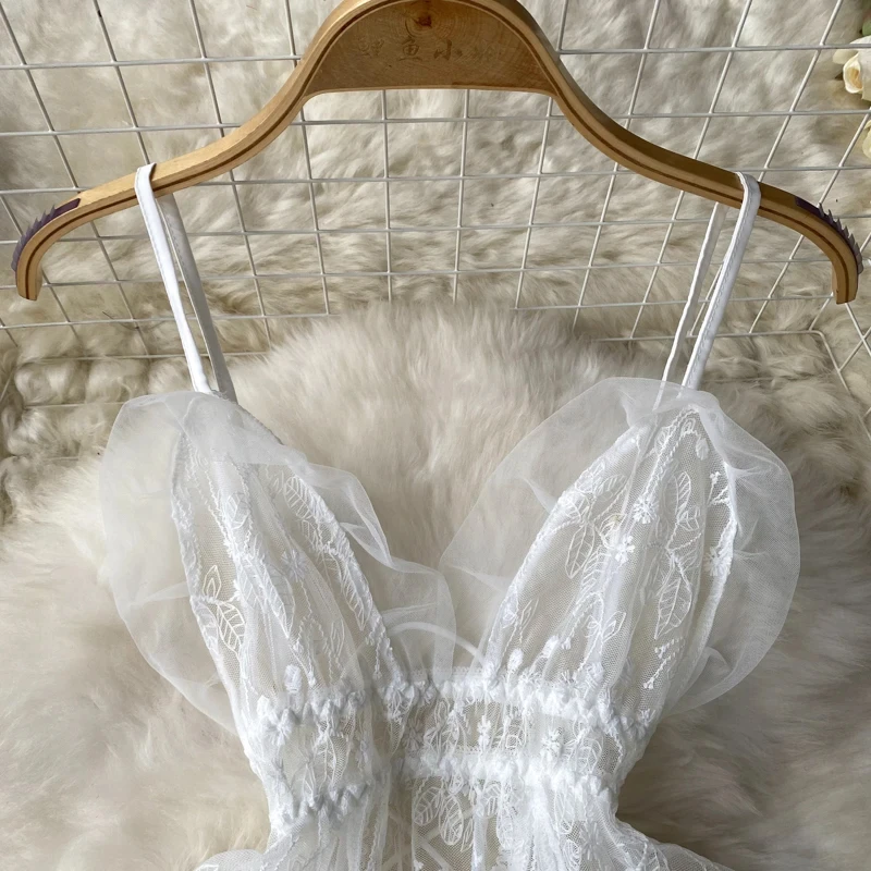 Summer Girls Sexy Hot Sweet Transparent Suspender Mini Dress Women Elastic Waist And Backless Strap Lolita Pajamas Bubble Skirt