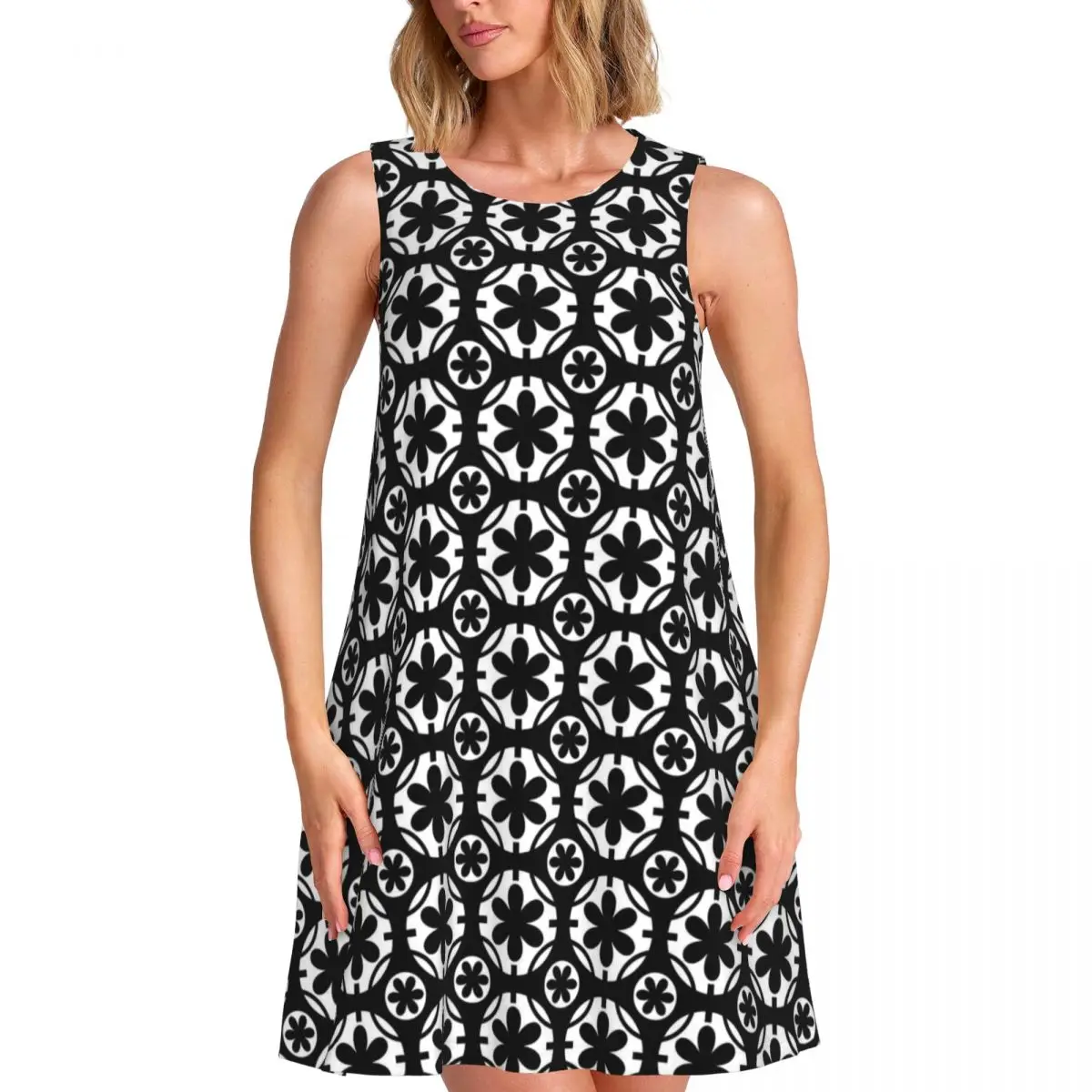 Geo Print Dress Retro Daisy Flowers Club Dresses Womens Sleeveless Street Wear Casual Dress Summer Pattern Oversized Vestido