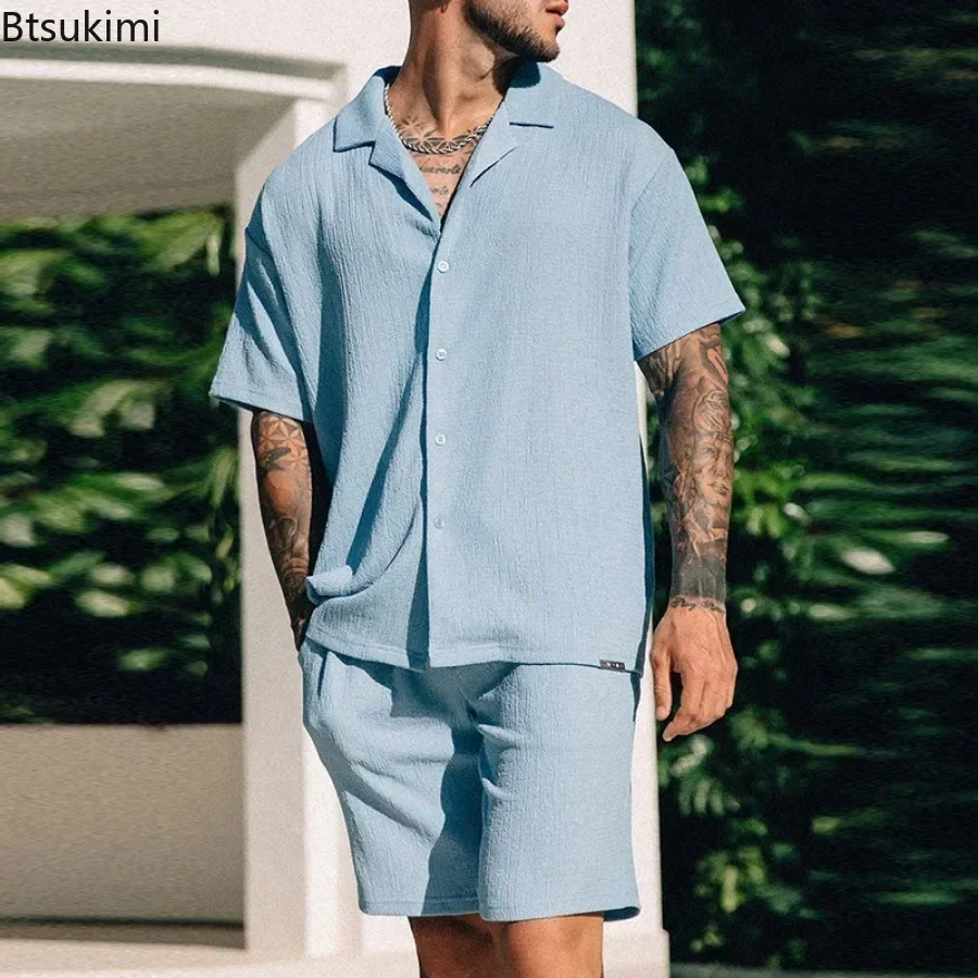 

Vintage Short Sleeve Shirt Two Piece Sets Men's Summer Solid Loose Lapel Shirt and Shorts Casual Suits Beach Style Men Clothing