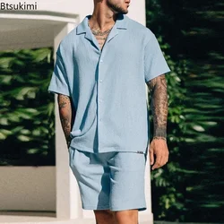 Vintage Short Sleeve Shirt Two Piece Sets Men's Summer Solid Loose Lapel Shirt and Shorts Casual Suits Beach Style Men Clothing