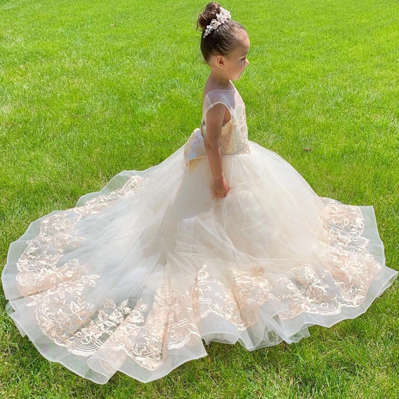 

Champagne Lace Tulle Flower Girl Dresses For Wedding Sleeveless Sheer Neck Puffy Ball Gown First Communion Pageant Dress