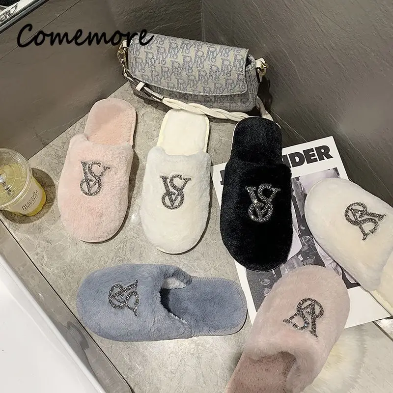 White Slippers Women House Warm Slippers Women Winter Crystal Fur Home Shoes For Women Casual Plush Comfortable Casual