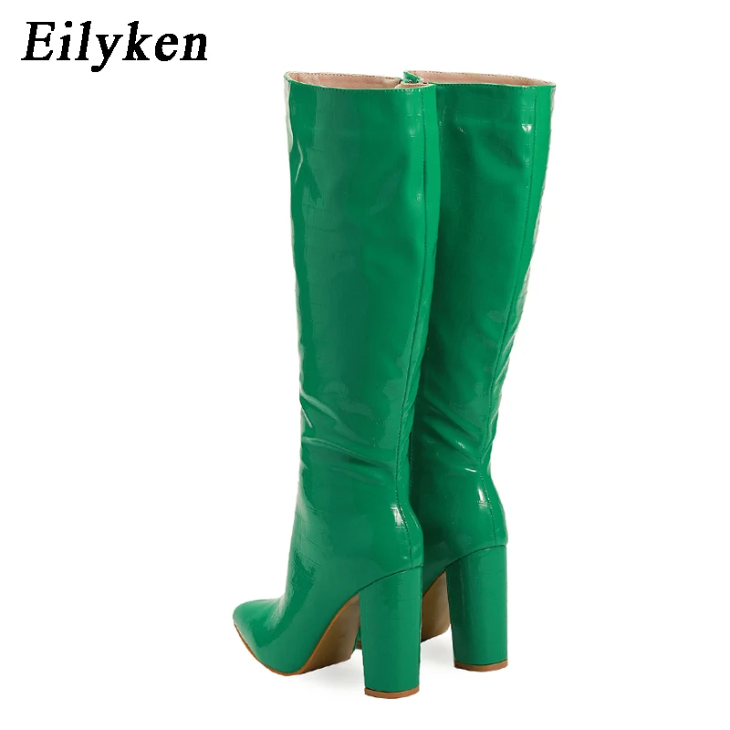 Eilyken Winter Green Serpentine Knee Boots For Women Designer Chunky High Heel Shoes Zipper Long Thigh High Botas Mujer