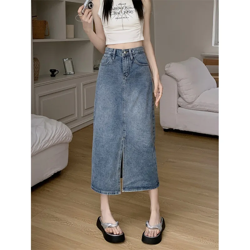 Summer Denim Skirt Women Japanese and Korean Fashion Casual Simplicity Large Size Long Section High Waist Split Skirt Long Skirt