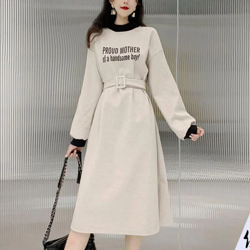 

Women's Autumn Fashion Office Lady Simplicity Letter Printing O-neck Long Sleeve A-line Skirt Women Clothes Casual Elegant Dress