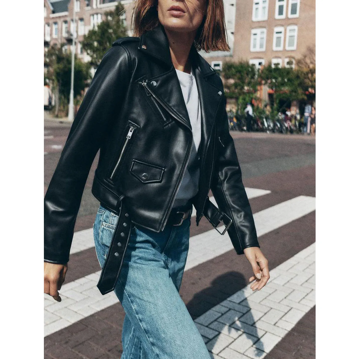 Autunno 2025 Cappotto da moto in pelle PU con cerniera lunga americana da donna in fibra di poliestere 00% senza marca