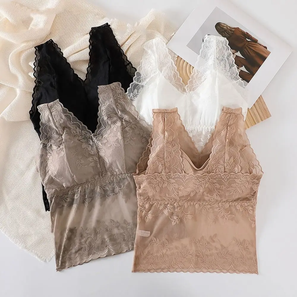 Sweet V Neck Lace Mesh Camisole Transparent Slim Fit Lace Crop Tops Thin Cami Vest with Pads Women