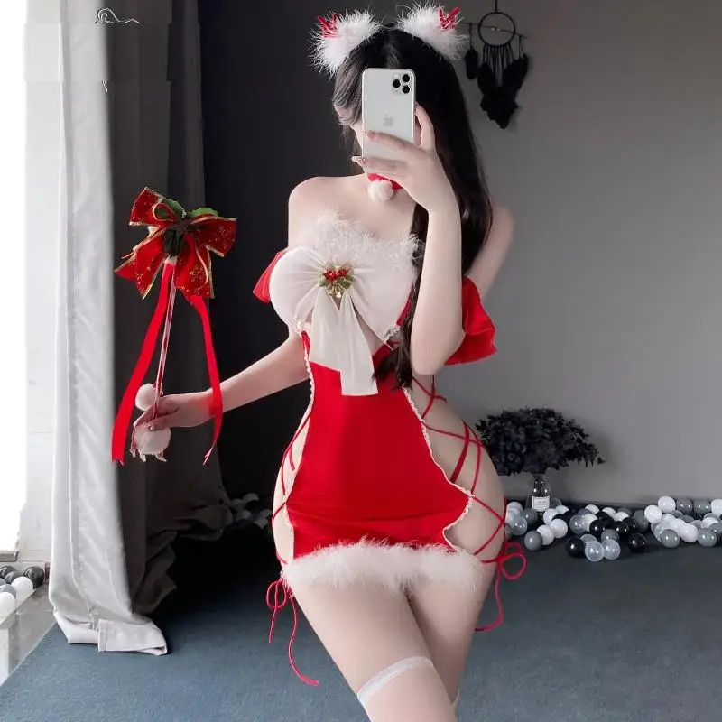

Wholesale Women's Sexy Off-shoulder Hollow Out Red Lingerie Dress Adult Lady Christmas Night Fliter Babydoll Hot Nightwear